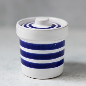 Trio Italy small blue white striped crock canister with lid ceramic vintage